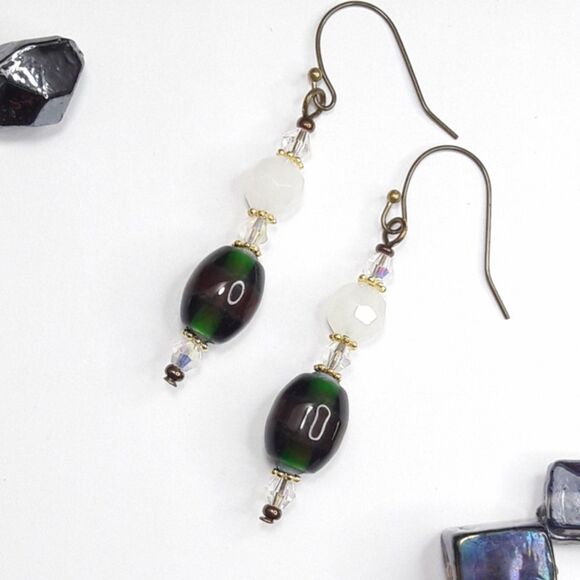 boho earrings 460#mfs Victorian green hatpin earrings Crystal milky white & gree - Picture 4 of 6